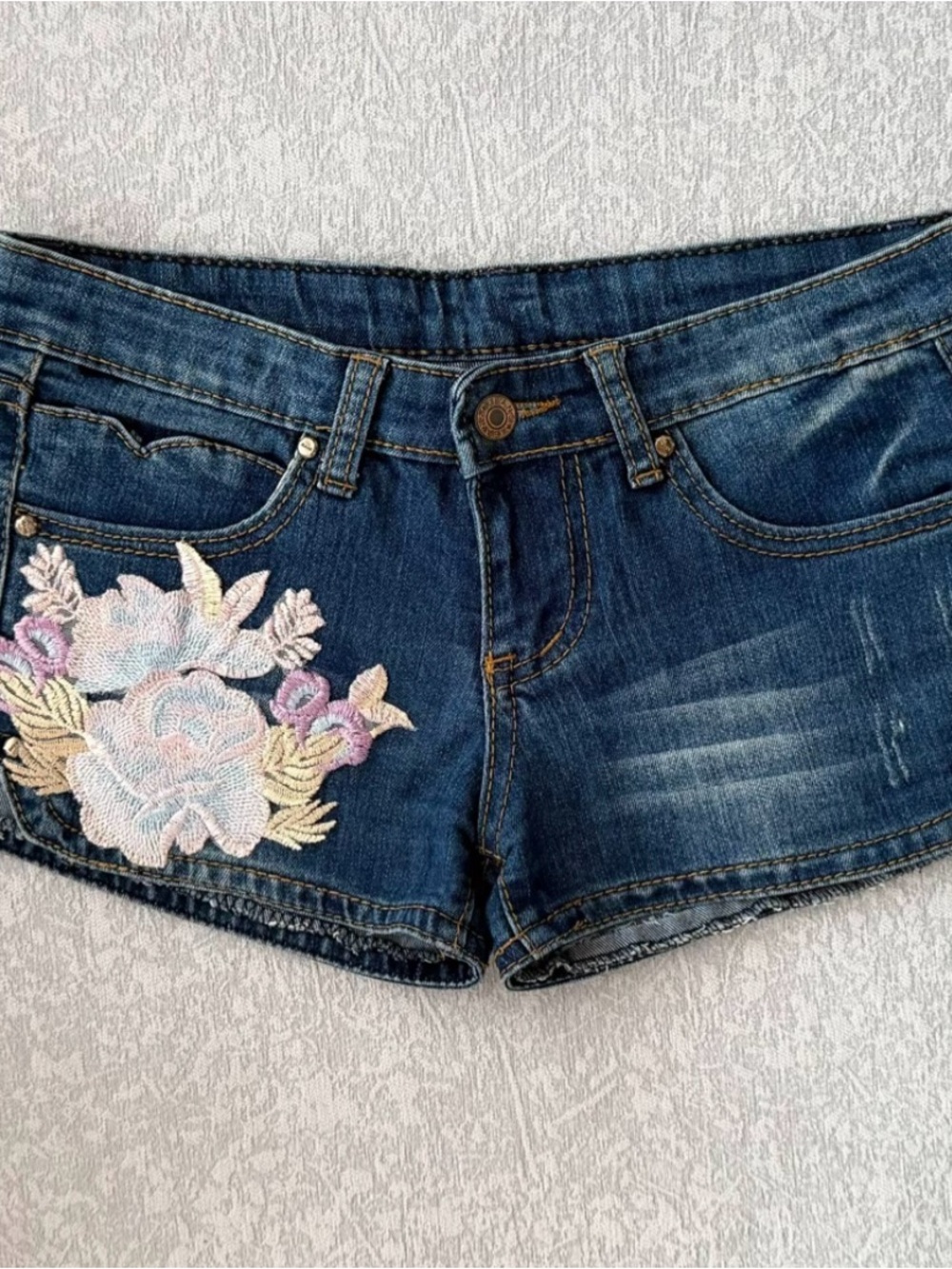 Dark Blue Denim Women's Jean Shorts with Pastel Floral Applique